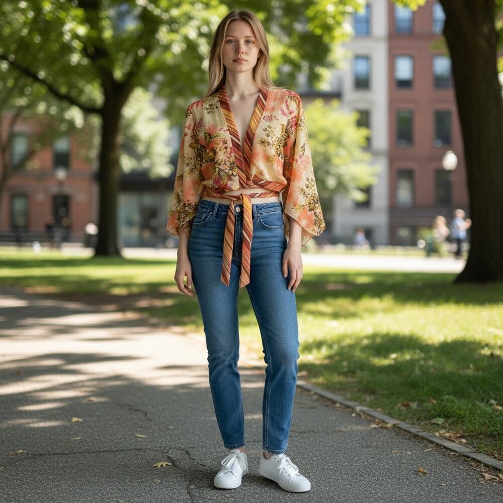Vintage Y2K 2000s Mix It Floral Wrap Tie Flowy Cropped Blouse Crop Top Large